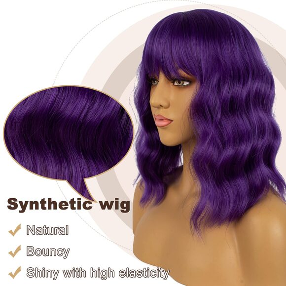 Women Dark Purple Loose Wavy Wig Curly Wavy Shoulder Length Bob - Picture 2 of 3